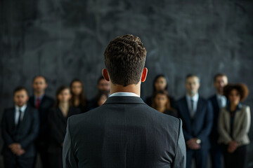 Obraz premium Businessman speak with auditorium. Backview