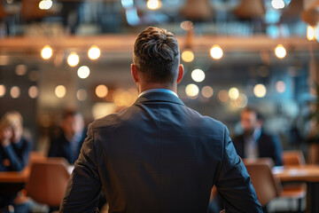 Fototapeta premium Businessman speak with auditorium. Backview