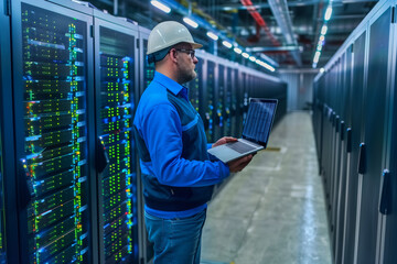 Fototapeta premium IT Specialist Holding Laptop at a Data Center 