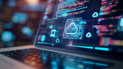 Closeup of a laptop screen with cloud storage icons and data files, demonstrating the integration of cloud technology in business operations and data management