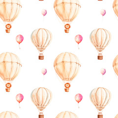 Naklejka premium Children's seamless pattern with balloons. Watercolor background with children's airy pink balls highlighted on a white background. A pattern for printing on textiles and packaging.