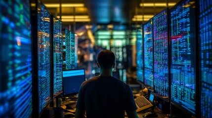 Programmer typing code on computer screen with lines of programming code for software development