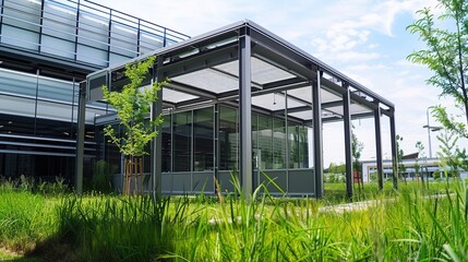 Obraz premium Quickly Erected Metal Structure Building Surrounded by Grass