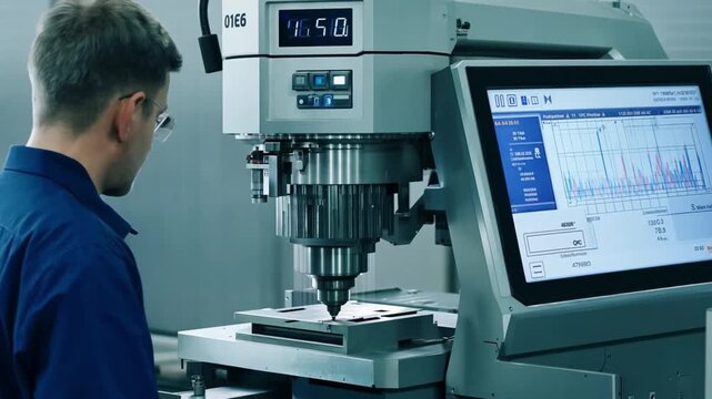 In the tool workshop, a CNC operator and a mechanical technician insert data at a metal machining milling center.
