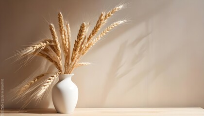 Minimal style interior, ceramic vase with pampas dry grass, neutral beige warm colors, empty blank plaster wall with shadow on the background