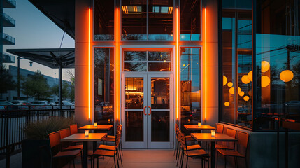 Exterior of a restaurant with wall mounted outdoor lighting, showcasing orange lights and a white metal frame, with glass doors and a window as background