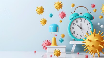 Colorful viruses and bacteria floating around a clock and lamp on a white tabletop