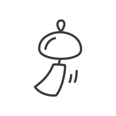 Cute wind chime icon. Hand drawn monochrome illustration of a Japanese traditional wind bell isolated on a white background. Kawaii sticker. Vector 10 EPS.