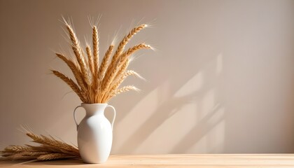 Minimal style interior, ceramic vase with pampas dry grass, neutral beige warm colors, empty blank plaster wall with shadow on the background