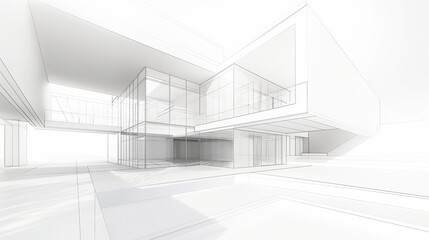 Fototapeta premium Perspective view of a minimalist white architectural sketch of a modern building interior, highlighting simplicity and elegance