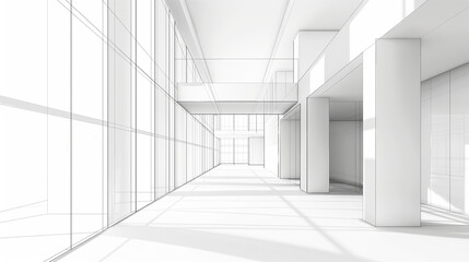 Minimalist architectural sketch in white of a modern building interior, perspective view, focusing on structural aesthetics