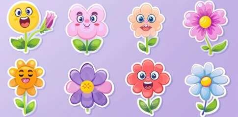 Fototapeta premium Sticker vector picture of cartoon flowers with cute smiling faces on a light purple background,