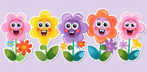 Obraz premium Sticker vector picture of cartoon flowers with cute smiling faces on a light purple background,