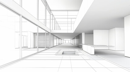 Perspective view of a modern building interior, illustrated in a minimalist white architectural sketch, showcasing contemporary design