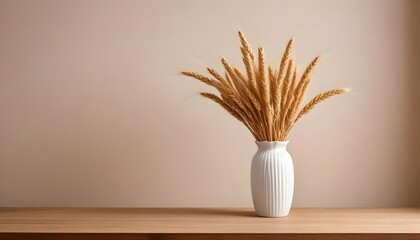 Minimal style interior, ceramic vase with pampas dry grass, neutral beige warm colors, empty blank plaster wall with shadow on the background