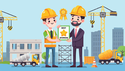cartoon construction worker receiving a Best Worker award from manager