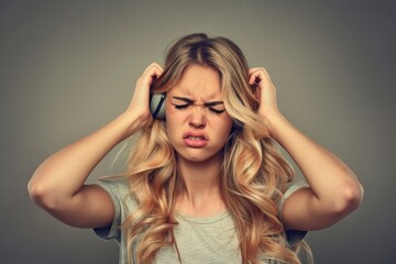 Woman appears frustrated while wearing headphones. She is grasping her head with a pained expression. The background is blurred, focusing attention on her. Portrait, Emotional, Conceptual