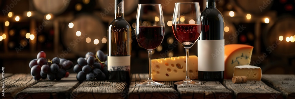 Aufkleber two glasses of red wine, wine bottles, cheese, and grapes rest on a rustic wooden table, illuminated