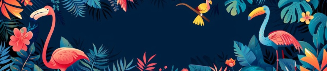 Fototapeta premium A colorful image of a forest with a group of flamingos banner