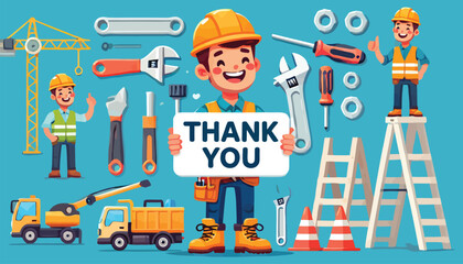 Smiling construction worker holding a thank you banner with building equipment