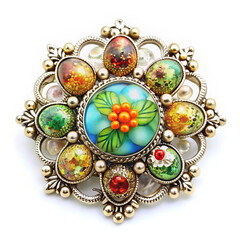 Brooch with a flower image surrounded by colorful stones