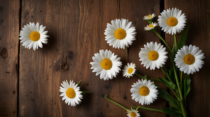 Fototapeta premium daisies on wooden background, ai generated