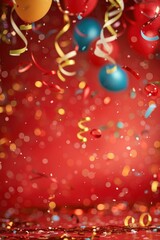 Colorful balloons and confetti falling on red vertical festive background, copy space