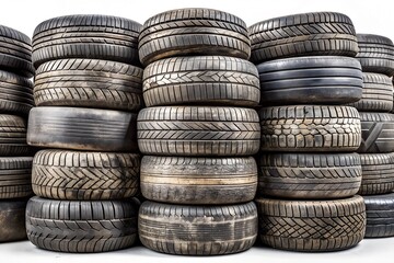 Obraz premium old worn damaged tires isolated on white background as pattern of damaged tire for advertising tire shop or car tire shop