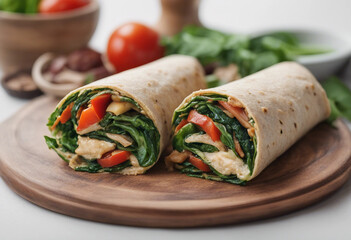A whole grain wrap filled with hummus, grilled vegetables, and spinach on a white background

