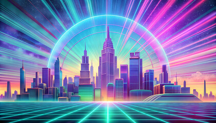 Neon Futuristic Cityscape, Radiant Light Rays, Digital Sci-Fi Art