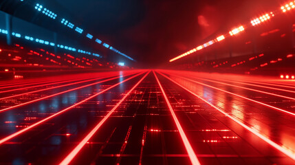 Digital red track in a stadium with pulsating lights and holographic effects, creating an abstract futuristic background