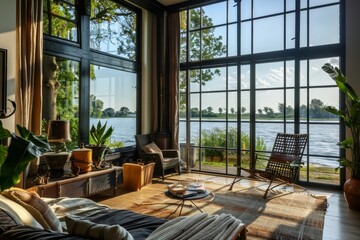 Luxury living room with large window overlooking the lake. Northwest, USA