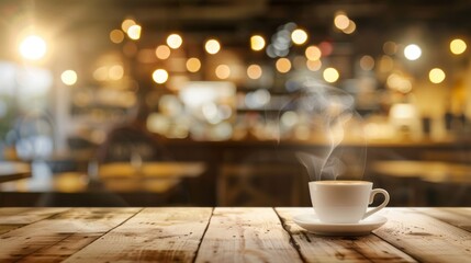 Steaming cup of coffee in cozy cafe. Aromatic beverage on rustic wooden table in a warm, inviting cafe setting. Perfect for restaurant, coffee shop, or beverage industry visuals.