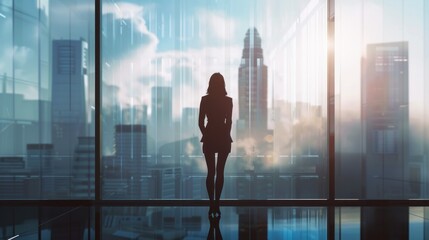Fototapeta premium ** businesswoman contemplating city view. ** A lone female executive ponders the urban landscape from a high-rise office, symbolizing ambition, opportunity, and the pursuit of success.