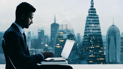 A prosperous businessman who works in an office with a digital tablet laptop computer and a London building is double exposed.