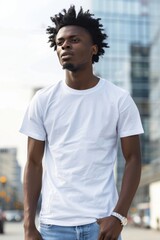 Young man wearing white blank t-shirt and jeans standing in urban setting
