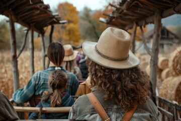 Individuals on a hayride through the autumn countryside, surrounded by beautiful fall colors, hay bales, and old rustic buildings, capturing the charm of rural life.