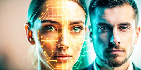 Digital Minds: Futuristic Interface of Human Thoughts. Close-up of a man and woman with digital patterns overlaying their faces, symbolizing advanced technology and connectivity in human interaction.