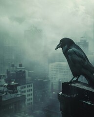Mysterious raven in a foggy cityscape