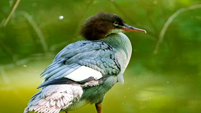 Common merganser bird on a tree trunk floating on a river in its natural habitat in summer