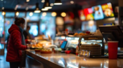 Woman ordering food at counter. A female customer waits patiently at the counter of a bustling eatery, ready to place her order.