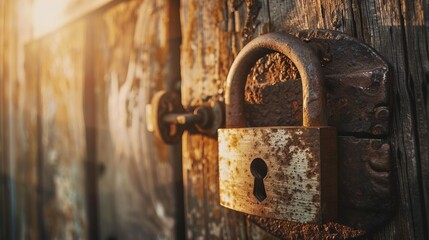 Old rusty padlock on wooden door. Weathered padlock, a symbol of security and the passage of time, fastened on an aged wooden door bathed in warm sunlight.