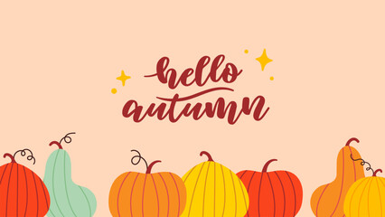  Autumn aesthetic background illustration vector. Flat background of autumn. Hand draw illustration. Autumn set, hand drawn elements. Fall leaves, wreaths. Fall season handwritten lettering and slogan