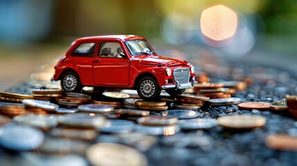 Miniature Red Car Resting on a Pile of Coins, Representing the Cost of Transportation and Automotive Expenses