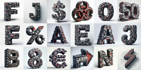 Dark gray and red stones 3D Lettering Typeface. AI generated illustration