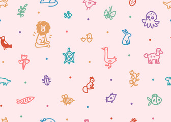 Seamless pattern of naive childish doodle illustration on pink background. Children colorful scribble. Cartoon cute drawing vector animals, fish and flowers. Wallpaper, textile, wrap design template