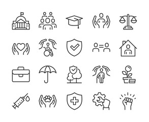 Social Policy, Icon Set. Quality of Life, Social Justice, and Equal Opportunities. Education, Healthcare, Safety, Disability Support, Legal Aid. Policy and Social Welfare. Line with editable stroke