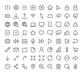 UI Icons for Media and Web, Icon Set. Minimalist for Websites, Applications, and Programs. User, Message, File, Media, Button, Chat, Arrow, Search, Settings, Heart, Upload. Line with editable stroke