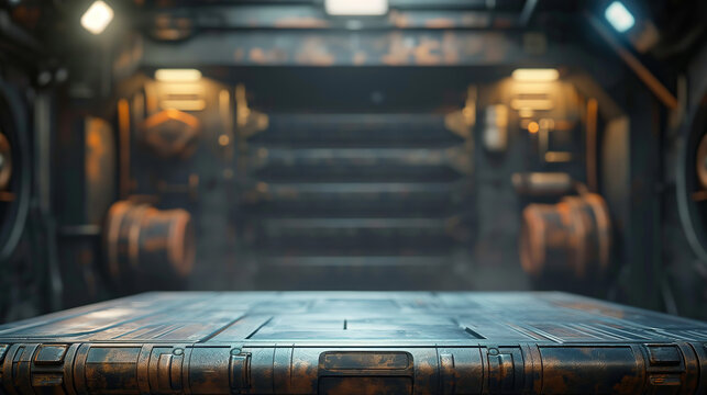 close up of empty wooden table with blurred underground apocalypse vault bunker background