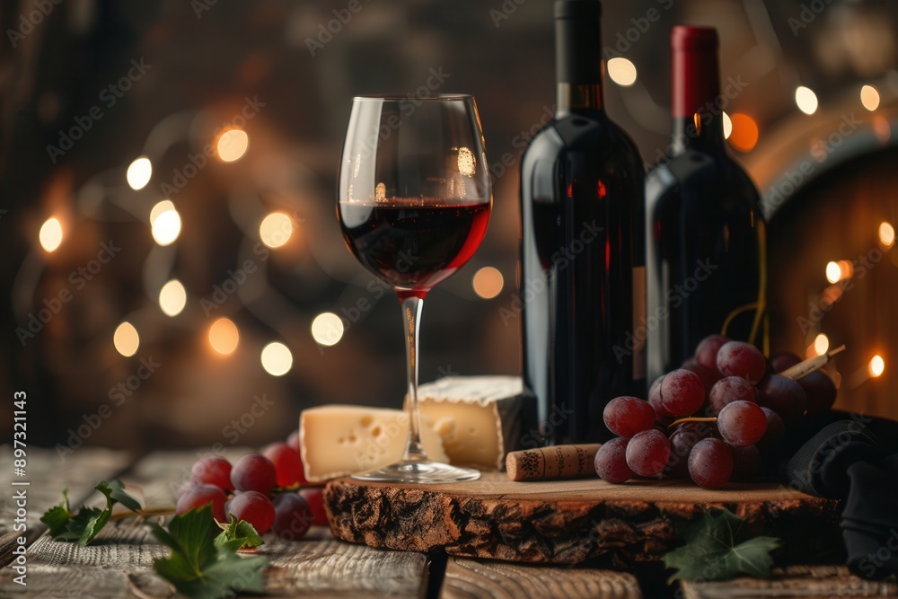 Poster a glass of red wine, two bottles of wine, and a cheese board with grapes are arranged on a wooden ta